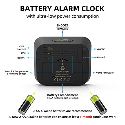 Battery Operated Digital Alarm Clock, Dual Smart Alarm with Workdays/Weekends Setting, Loud Alarm, Snooze, Small Travel Clock with Indoor Thermometer/Hygrometer, Dimmable LED Backlight, Handheld Size - Thumbnail 6