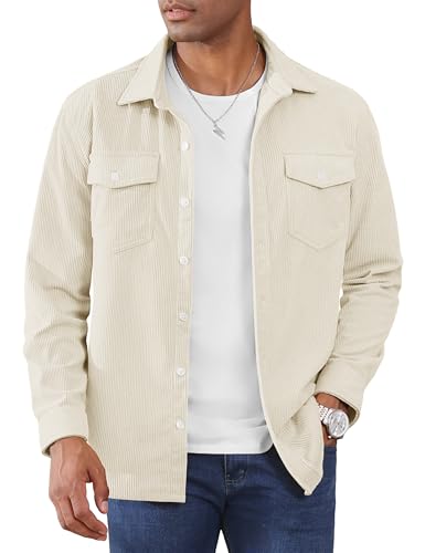 Cotrasen Men's Corduroy Shirt Jacket Button Down Long Sleeve Ribbed Shacket Lightweight Overshirt with Flap Pockets