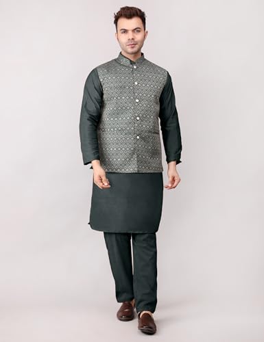 Image of Men's Cotton Silk Blend Regular Kurta Pyjama, Embroidered Nehru Jacket /Waistcoat Set