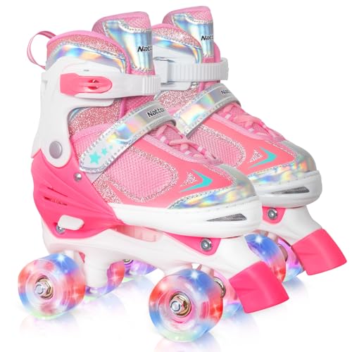 Nattork Kids Roller Skates for Boys Girls Kids, 4 Sizes Adjustable Quad Skates with All Light up Wheels - Birthday Gift for Indoor Outdoor Sports Cotton Candy Dream Large(5-8)
