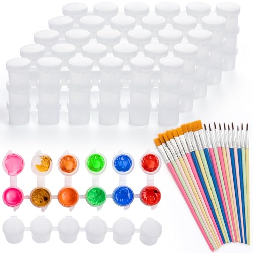 YGAOHF 60 Pcs Paint Containers with Lids, Empty Paint Pots with Lids & 20 Pcs Paint Brushes, 0.3oz Small Paint Pods Cup Pots, Arts Crafts Supplies for Kids Classrooms Schools Art and Crafts Painting