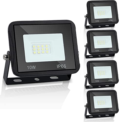 Ikodm Lot de 5 projecteurs LED, spots LED d'extérieur - 10 W - Super lumineux - 900 lm - 3000 K - Blanc chaud - IP66 - Pour garage, terrain de sport, arrière-cour