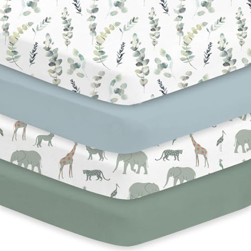 Image of Little Grape Land Crib Sheets 4 Pack for Boys and Girls, Baby Neutral Crib Fitted Sheets for Standard Crib & Toddler Mattress, Super Soft Breathable Fitted Crib Sheet Set, Leaves & Safari