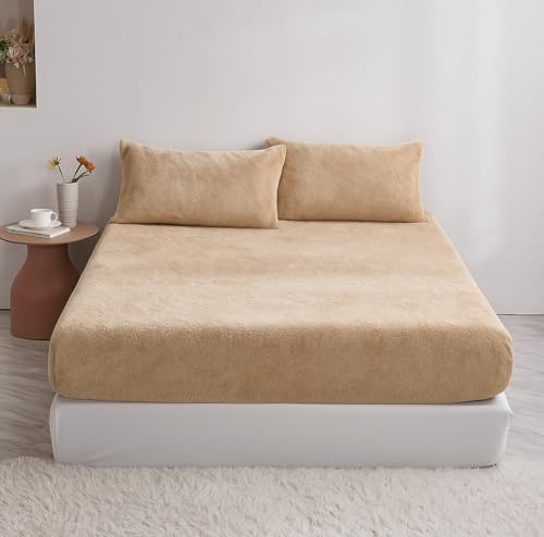 Image of VAS COLLECTIONS Luxury Warm Winter Elastic Fitted Bedsheet with 2 Pillow Covers - Ultra Soft Flannel Velvet Touch, Cozy & Wrinklefree lintfree Size - 78x72+10 Inches (Beige)