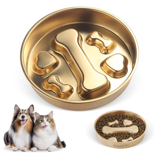 Golden Stainless Steel Slow Feeder Dog Bowls – Non-Slip Metal Dog Bowl for Large & Medium Breeds, Puppy Puzzle Feeder – 2 Cup Capacity for Small to Big Pets – Durable Slow Feed Dog & Cat Food Dish