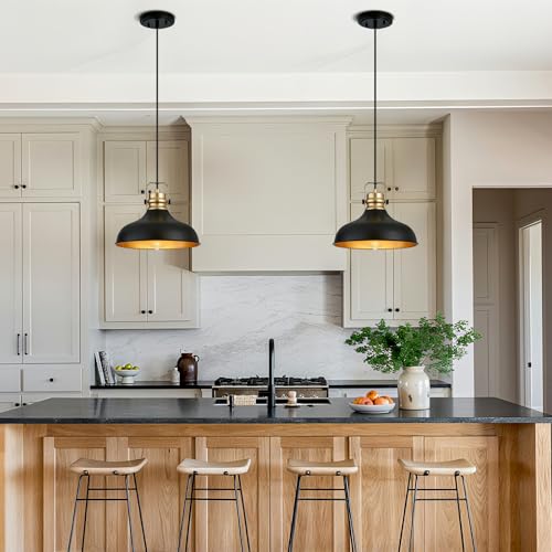 Image of Black and Gold Pendant Lights Kitchen Island Fixtures | ETL Certificate,Industrial Adjustable Height Vintage Dome Hanging Light Fixtures for Barn,Dining Room 2 Pack