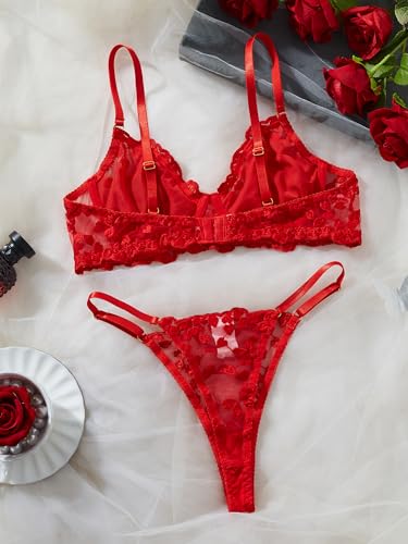 Image of Sexy Floral Embroidered Flower Mesh Underwire Push Up Lingerie Set