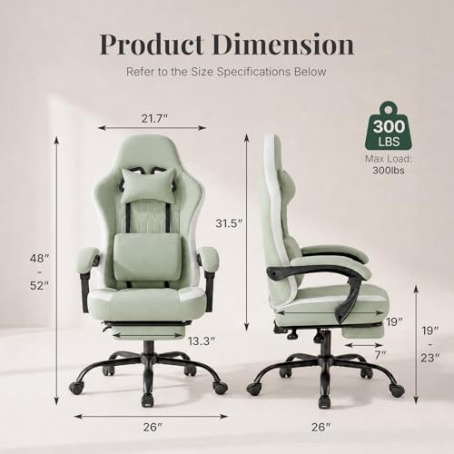 Image of Computer Gaming Chair - High Back Ergonomic Desk Chair with Footrest and Lumbar Support, Height Adjustable Task Chair with Linkage Armrests and Headrest, 360 Swivel Wheels, Green