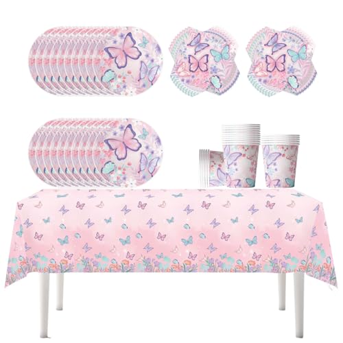 Fuwraixis 61 peças louça para festas de borboleta, aniversário infantil e pratos de papel conjunto, borboletas rosa copos de papel, guardanapos e toalhas de mesa, para batismo de uma criança e aniversário