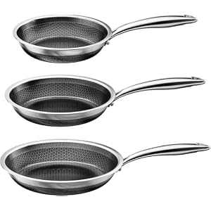 FogDream 8, 10, 12 Inch Stainless Steel Frying Pan Set, Honeycomb Hybrid Nonstick Skillet for Induction & All Cooktops, PFAS/PFOA/PTFE Free, Oven Safe 500°F, Silver