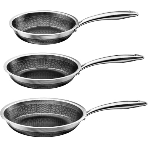 FogDream 8, 10, 12" Stainless Steel Frying Pan, Honeycomb Hybrid Nonstick Skillet for Induction & All Cooktops, PFAS/PFOA/PTFE Free, Oven Safe to 500°F, Stay-Cool Handle, Dishwasher Safe, Si
