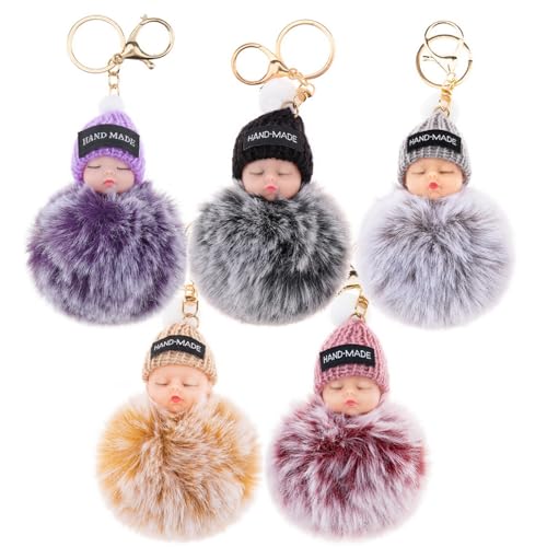 Ukerdo Mignon Duveteux Endormi Bébé Poupée Porte-clés Pompom Femmes Voiture Extérieur Métal Sac à Dos Téléphone Pendant - 5 PCS