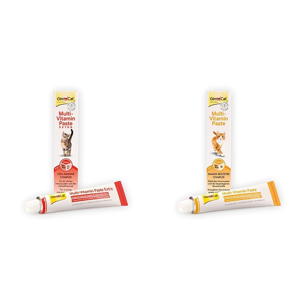 GimCat Multi-Vitamin Extra Pasta multiwitaminowa, z kwasami tłuszczowymi omega-3 i omega-6 dla ochrony komórek - 1 tubka (1 x 200 g) & GimCat Multi-Vitamin pasta multiwitaminowa