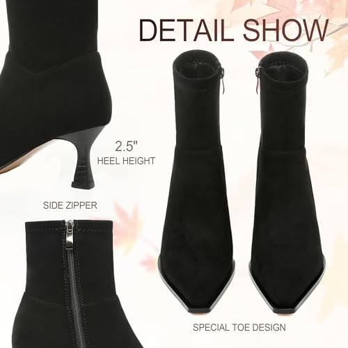 Image of Womens Brown Suede Fall Boots with Side Zip, Ankle, Mid Calf, Pointed Toe, Kitten Heel, Dressy, Short Boots