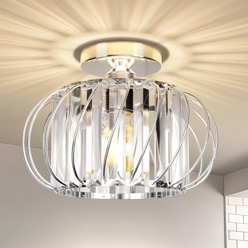 FRIDEKO HOME Plafonnier Cristal Chrome,Moderne Plafonnier Métal Rond Abat-jour E27 Lampe Plafond pour Chambre Salon Cuisine Couloir,Ø28cm