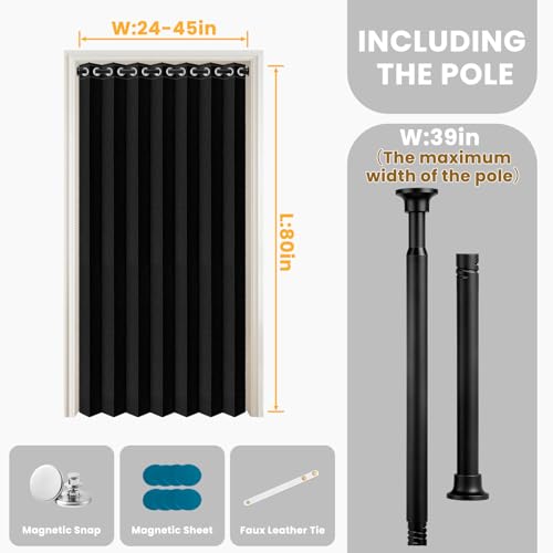 Image of Blackout Sliding Door Curtains for Doorways with Curtain Rods Adjustable 28-39 inch Long, Accordion Doors for Doorway, Magnetic Door Curtain for Bedroom Doorway Curtain Set, 1 Pack, W42 x L80 In, Black