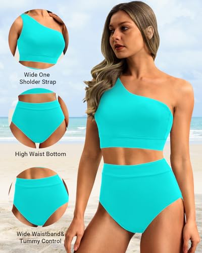 Image of Holipick Women One Shoulder High Waisted Bikini Sets Two Piece Swimsuit Tummy Control Bathing Suit Full Coverage Swimwear
