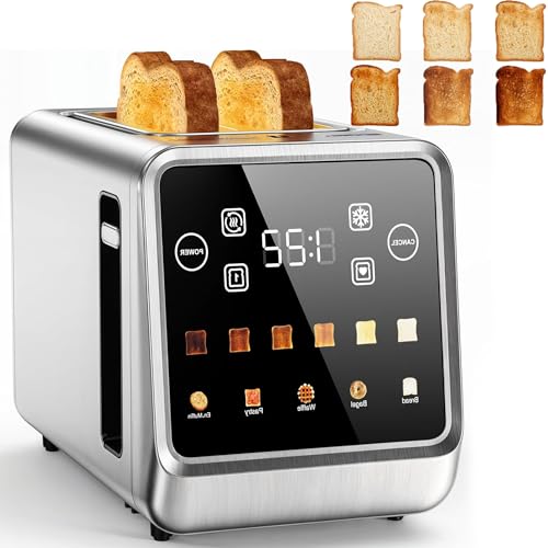 Touch Screen Toaster, 2 Slice Bread Baker, Stainless Steel Smart Digital Toasters with Single-slot Toasting, Memory Function, 5 Bread Types and 6 Browning Settings