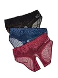 OYOANGLE Women's Plus Size 3 Pack Contrast Lace Cut Out Mesh Thong Panties Set Crotchless Panty Pack of 3 Multicolor 2XL