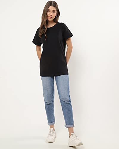 Image of Bewakoof Women's Solid 100% Cotton T-Shirt - Boyfriend Fit, Round Neck, Half Sleeves