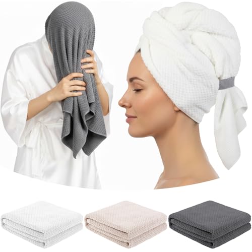 Breling Gray 3 Pack Large Microfiber Hair Towel 24 x 38 Inch Absorbent Wrap Turban Quick Dry for Women Men Curly Hair Shower