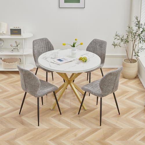 EGOONM Ensemble de Table à Manger avec 4 Chaises - Table Ronde 100 cm Plateau MDF avec 4 Chaises en Tissu Lin - Idéal Cuisine ou Salon (Blanc/Or_Gris_St)