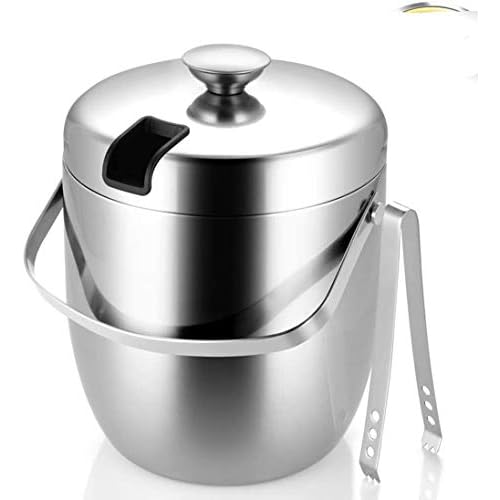 JUNSHUO Cubitera con Pinzas Tapas y Asa de Transporte, Cubo para Hielo de Acero Inoxidable Aislamiento de Doble Pared para Champan Que se Refresca, Cerveza Refrigerada Cubitera, 3 L