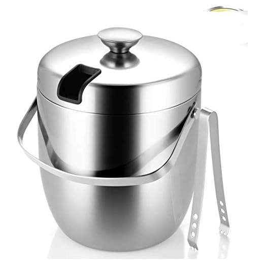 JUNSHUO Cubitera con Pinzas Tapas y Asa de Transporte, Cubo para Hielo de Acero Inoxidable Aislamiento de Doble Pared para Champan Que se Refresca, Cerveza Refrigerada Cubitera, 3 L
