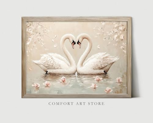 Valentines Day Print Swan Heart Shaped Wall Art Vintage Oil Painting Romantic Spring Valentines Decor Pink Nursery Gift For Her