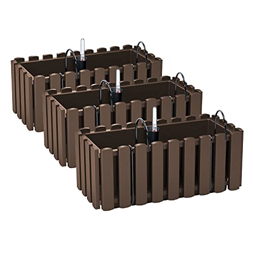 PAFEN 3X Blumenkasten Blumentopf mit Halterungen – 38 x 18 x 16,2 cm - Pflanztopf Bewässerungssystem Balkonkasten Pflanzkästen, Braun