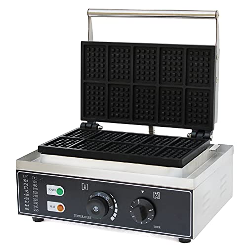 Gofrera belga máquina 1500 W 50 ~ 300 ℃ doble gofres comerciales para 10 gofres, antiadherente, calor rápido y estable