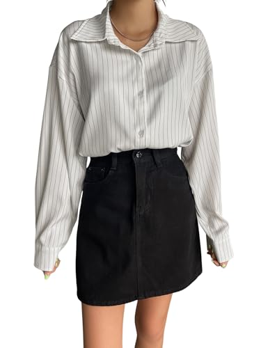 Image of Aahwan Solid Button Up Drop Shoulder Vertical Stripe Pattern Casual Long Sleeve Shirt for Women's & Girl's