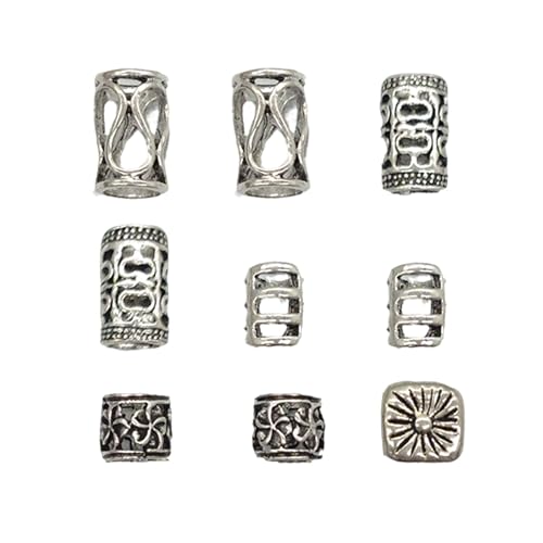 TUKEVA 9 Stück Wikinger Bart Perlen Dreadlocks Schmuck Bart Perlen Set Wikinger Nordische Haarschlauch Für Frauen Männer Zöpfe Dekoration Zum Flechten von Haaren DIY-Schmuck etc(Silber-C)