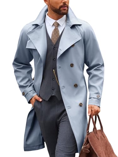 Image of Runcati Mens Trench Coat Double Breasted Notched Lapel Casual Belted Windbreaker Fall Classic Long Jacket Overcoat