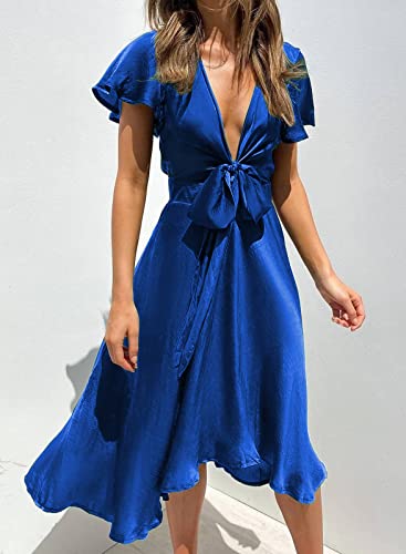 Image of miduo Womens Satin V Neck Ruffle Short Sleeve Tie Front High Waist Midi A-Line Maxi Dresses