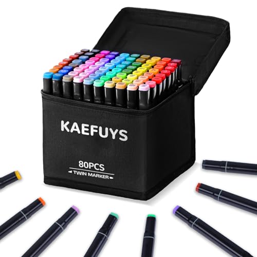 KAEFUYS Feutres Coloriage Adulte Professionnels 80 Couleurs, Feutre a Alcool Twinmarkers Double Pointe pour Art, Croquis, Écriture et Coloriage Adulte, avec Base et Sac de Rangement