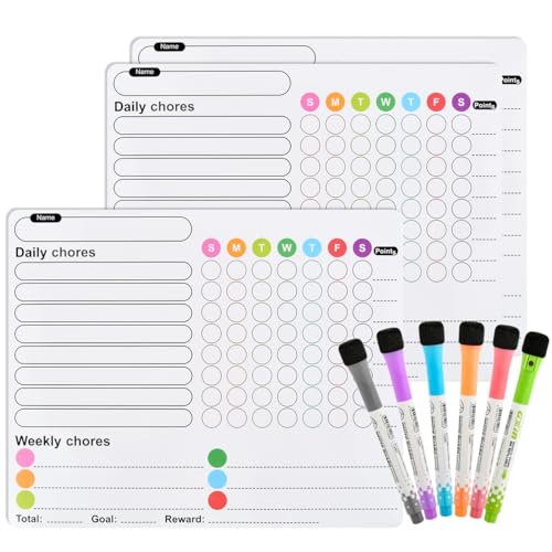 DODUOS 3PCS Magnetic Chores Chart for Kids with 6PCS Fine Tip Markers Reusable Magnetic Reward Charts Learning Responsibility Chart for Kids Reward Chart Magnetic Chore Chart for Kids