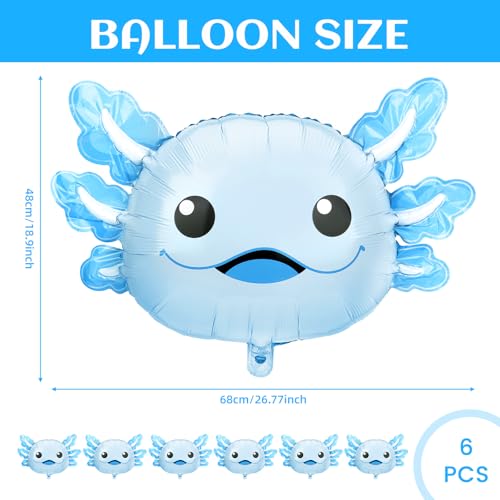 Image of 6 Pcs Axolotl Birthday Decorations, 26.8 inch Axolotl Balloon, Cute Inflatable Aluminum Foil Balloons, Summer Party Decorations, Beach Birthday Party Decorations, Axolotl Party Favors (Blue)