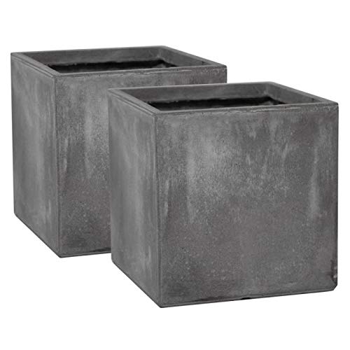 Primrose Garden Fibrecotta Cement Finish Cubic Planter Medium x2, Frost Resistant Outdoor Planter with Drainage Hole, 30cm