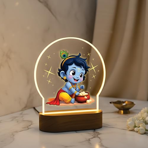 Image of Giftplease Divine Bal Krishna LED Night Light - Warm Glow Decorative Lamp for Pooja Room & Home Decor - Vibrant Printed Little Krishna /Laddu Gopal Table Lamp for Gifting & Festivals GL 10