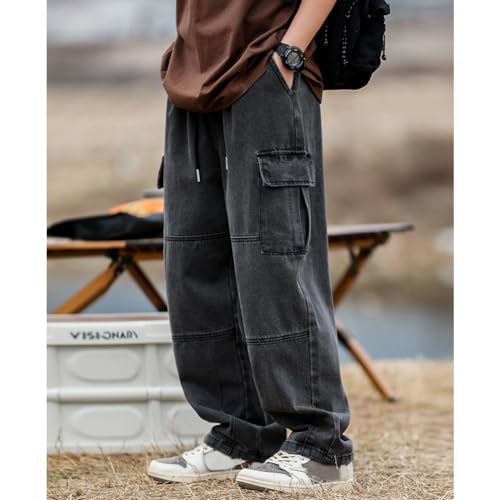 Men's Casual Loose Elastic Waist Cargo Jeans Hip Hop Denim Pants4