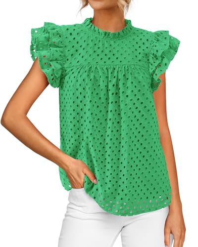 BTFBM Casual Summer Tops for Women 2025 Short Ruffle Sleeves Shirts Crew Neck Hollow Out Lace Embroidered Blouses