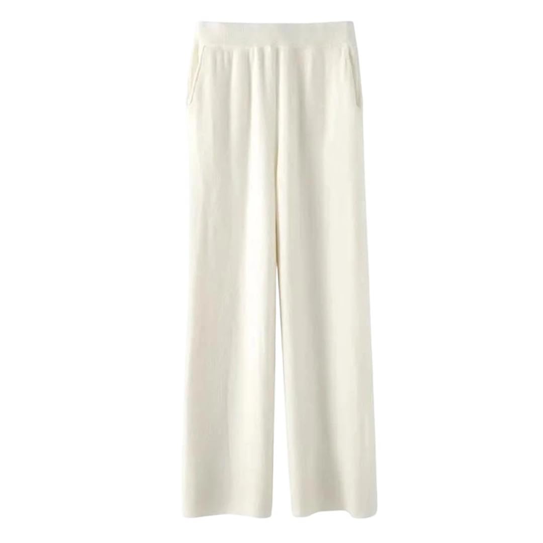 Womens High Waist Loose Straight Leg Knitted Trousers with Pockets Casual Ankle Length Pants