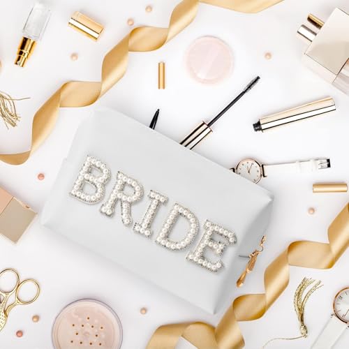 Bride Patch Cosmetic Bag - Wedding Toiletry Makeup Bag Bridal Engagement Shower Gift Pearl Rhinestone Letter Patch Bride Bridesmaid Travel Portable PU Leather Large Makeup Pouch3