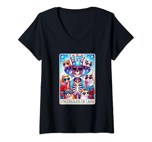 Womens Childless Cat Lady Voting for Kamala Harris tarot skeleton V-Neck T-Shirt