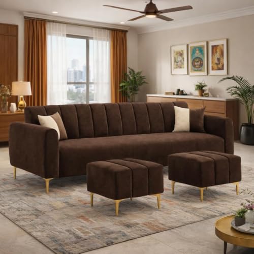 Image of Habibi 5 Seater L Shape Sofa Set with 2 Movable Ottomans | Flexible Layout | Rich Velvet Suede Fabric | Silver Legs | Modern Sofa for Living Room (Cream) (Dark Brown, Habibi)