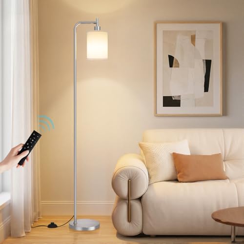 Image of Ziisee 64 inch Floor Lamp for Living Room with Remote Control, White Shade with Brushed Nickel Pole, Dimmable Tall Lamps for Bedroom Office Corner, 9W LED Bulb Included