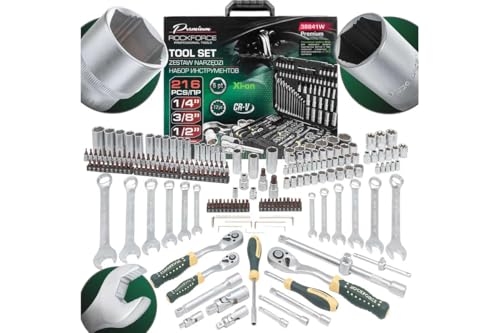 Image of Rockforce 38841 W PREMIUM 216-Piece Professional Socket Set - 1 /4 inch, 3 /8 inch, 1 /2 inch Drive Ratchets & Sockets, CR-V Steel Mechanic Tool Kit with Extensions, Bits & Heavy-Duty Carrying Case