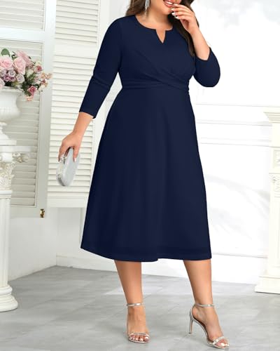Image of Plus Size Wedding Guest Dress - Church Midi Fall Semi Formal 3 /4 Sleeve V Neck A-line Dress for Women 2025