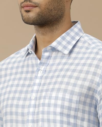 Image of Linen Club Men's Pure Linen Blue Checked Contemporary Fit Half Sleeve Casual Shirt